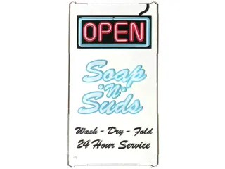 Glass for Window 1 x 4 x 6 with 'OPEN', 'Soap 'n' Suds' and 'Wash - Dry - Fold 24 Hour Service' Sign Pattern