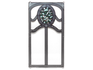 Glass for Window 1 x 4 x 6 with Ornate Silver Frame and Dark Green and Sand Green Oval Stained Glass Pattern