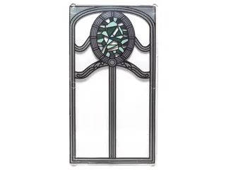 Glass for Window 1 x 4 x 6 with Ornate Silver Frame and Dark Green and Sand Green Oval Stained Glass Pattern
