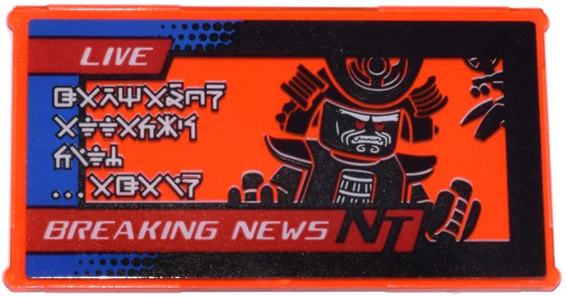 Glass for Window 1 x 4 x 6 with Garmadon, 'LIVE', 'BREAKING NEWS NT', Ninjago Logogram 'GARMADON ATTACKS CITY ...AGAIN' Pattern (Sticker) - Set 70657