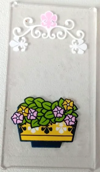 Glass for Window 1 x 4 x 6 with Flowerpot, Lime Leaves, Bright Pink and Yellow Flowers and White Scrollwork Pattern (Sticker) - Set 41426