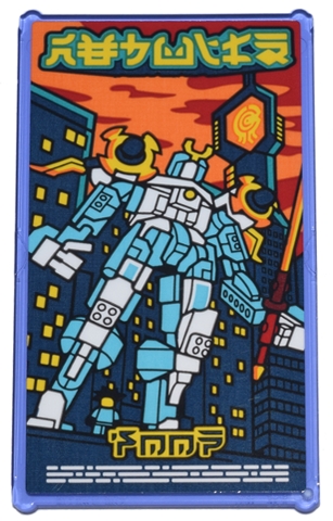 Glass for Window 1 x 4 x 6 with Medium Azure and White Mech and Yellow Borg Industries Logo and Ninjago Logogram 'REBUILD' and 'SOON' Pattern (Sticker) - Set 71799