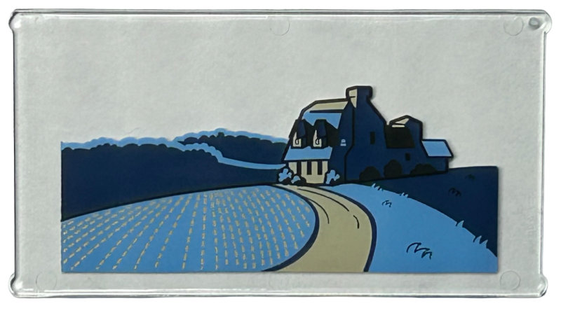 Glass for Window 1 x 4 x 6 with Bright Light Blue and Dark Blue Fields, Tan Road and House, Black Roof and Bushes Pattern