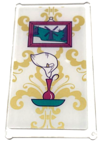 Glass for Window 1 x 4 x 6 with White Calla Lily in Magenta Vase on Dark Turquoise Shelf, Framed Picture of Windmill and Gold Floral Wallpaper on White Background Pattern (Sticker) - Set 41684
