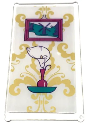 Glass for Window 1 x 4 x 6 with White Calla Lily in Magenta Vase on Dark Turquoise Shelf, Framed Picture of Windmill and Gold Floral Wallpaper on White Background Pattern (Sticker) - Set 41684