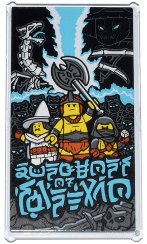 Glass for Window 1 x 4 x 6 with Medium Azure Ninjago Logogram 'DUNGEONS OF SHINTARO', Minifigures with Axe, White Skeleton Dragon Pattern (Sticker) - Set 71837