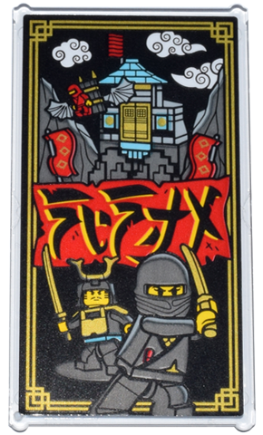 Glass for Window 1 x 4 x 6 with Red Sign with Ninjago Logogram 'NINJA', Minifigures, Ninja's Fire Fortress and Gold Frame Pattern (Sticker) - Set 71837