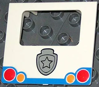 Duplo Van Rounded Windshield Rear Door with Red and Orange Taillights, Blue Bumper, and Silver Police Badge Pattern