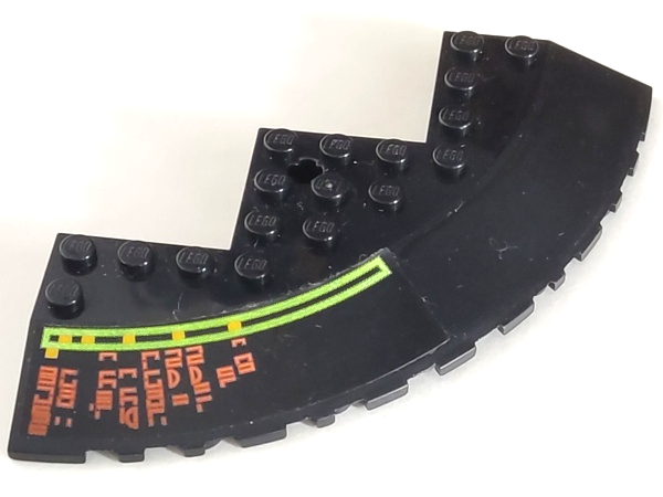 Brick, Round Corner 10 x 10 with Slope 33 Edge, Axle Hole, Facet Cutout with Light Bars and Alien Characters Pattern Model Left Side (Sticker) - Set 7697