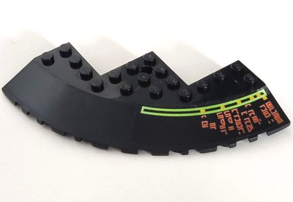 Brick, Round Corner 10 x 10 with Slope 33 Edge, Axle Hole, Facet Cutout with Light Bars and Alien Characters Pattern Model Right Side (Sticker) - Set 7697