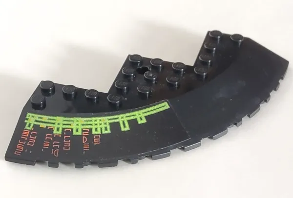 Brick, Round Corner 10 x 10 with Slope 33 Edge, Axle Hole, Facet Cutout with Light Bars and Alien Characters Left Pattern (Sticker) - Set 7693