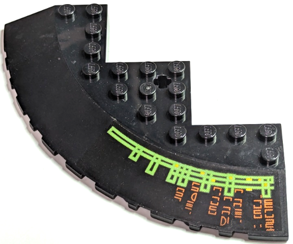 Brick, Round Corner 10 x 10 with Slope 33 Edge, Axle Hole, Facet Cutout with Light Bars and Alien Characters Right Pattern (Sticker) - Set 7693