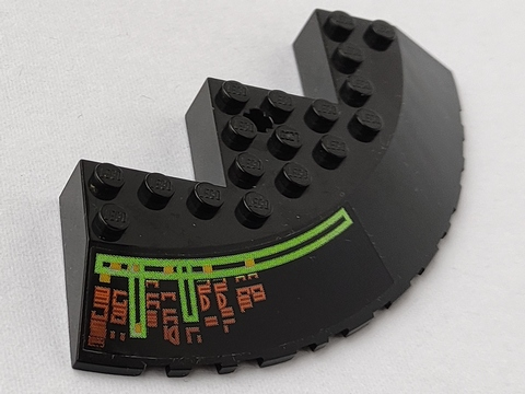 Brick, Round Corner 10 x 10 with Slope 33 Edge, Axle Hole, Facet Cutout with Light Bars and Alien Characters Pattern Model Left Side (Sticker) - Set 7690