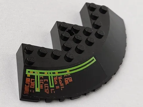 Brick, Round Corner 10 x 10 with Slope 33 Edge, Axle Hole, Facet Cutout with Light Bars and Alien Characters Pattern Model Left Side (Sticker) - Set 7690