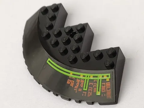 Brick, Round Corner 10 x 10 with Slope 33 Edge, Axle Hole, Facet Cutout with Light Bars and Alien Characters Pattern Model Right Side (Sticker) - Set 7690