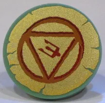 Minifigure, Shield Circular / Round Flat Face with Dark Orange and Dark Red Circle, Triangle, and Trident on Gold Background Pattern