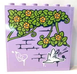 Panel 1 x 6 x 5 with Lime Leaves and Bright Light Orange Flowers on Lavender Brick Wall with Graffiti Pattern (Sticker) - Set 41365