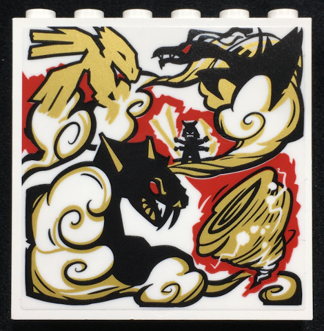 Panel 1 x 6 x 5 with Black, Gold, Red and White Dragon, Ninja Minifigure, Cloud and Tornado Pattern (Sticker) - Set 70670