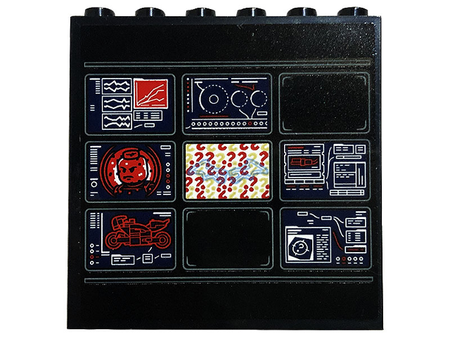 Panel 1 x 6 x 5 with Monitor Screens with Red Minifigure, Motorcycle and Question Marks Pattern (Sticker) - Set 76183