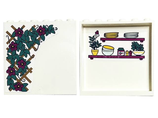 Panel 1 x 6 x 5 with Magenta Flowers and Dark Turquoise Leaves on Outside and Shelves with Plates, Bowls and Plants on Inside Pattern (Stickers) - Set 41449
