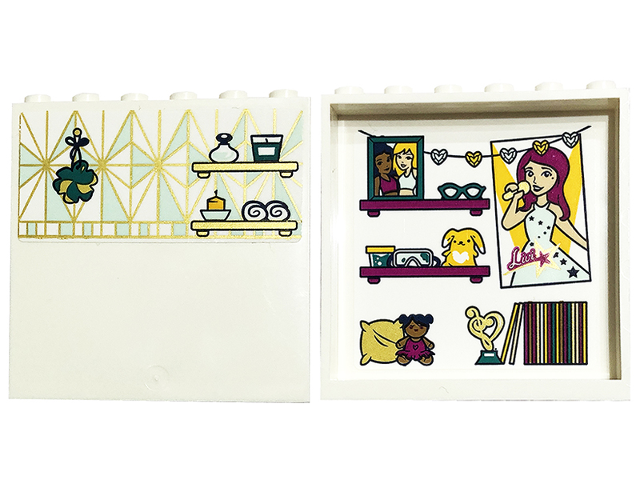 Panel 1 x 6 x 5 with Gold and Light Aqua Tiles and Shelves on Outside and Friends Minifigure 'Livi' Poster, Picture and Vinyl Records on Inside Pattern (Stickers) - Set 41449
