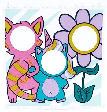 Panel 1 x 6 x 5 with Photo Stand In Board with Dark Pink Cat, Medium Azure Unicorn and Lavender Flower with Face Holes Pattern (Sticker) - Set 41450