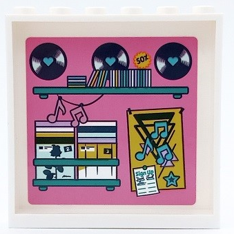 Panel 1 x 6 x 5 with Shelves, Vinyl Records, CDs and Poster with Music Notes on Dark Pink Background Pattern (Sticker) - Set 41450