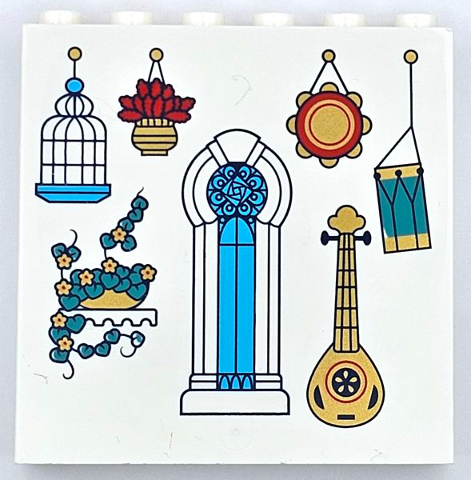 Panel 1 x 6 x 5 with Dark Turquoise and Red Plant, Gold Lute, Medium Azure Bird Cage and Arched Window, Mirror and Drum Pattern
