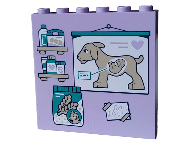 Panel 1 x 6 x 5 with Tan Shelves with Medicines and Box of Bandages, Dark Turquoise Jar and White Poster with Pregnant Goat Pattern