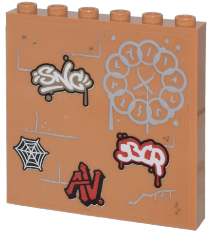 Panel 1 x 6 x 5 with Brick Wall with Graffiti, Light Bluish Gray Ten Rings Symbol, Black and White Spider Web, and Red 'AV' Pattern (Sticker) - Set 76218