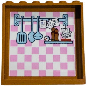 Panel 1 x 6 x 5 with Bright Light Blue Hanging Kitchen Utensils and Shelf with Thermometer, Salt and Pepper on Bright Pink and White Checkered Background Pattern (Sticker) - Set 42655