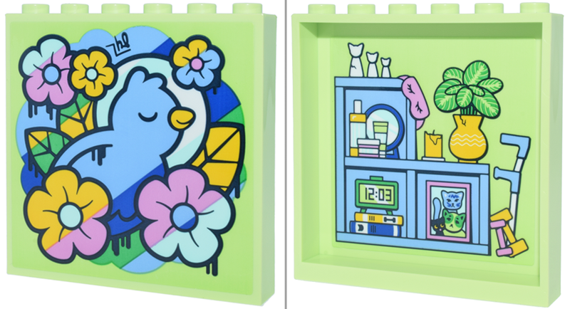 Panel 1 x 6 x 5 with Bright Light Blue Bird Mural with Flowers and Storage Shelves with Plant, Weights, Books, Clock, Crutches on Inside Pattern (Stickers) - Set 42670