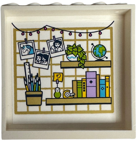 Panel 1 x 6 x 5 with Shelves, Hanging Lights, Photos, Plant, Globe, Books and Pencils in Cup on Gold Lattice Background Pattern (Sticker) - Set 41740