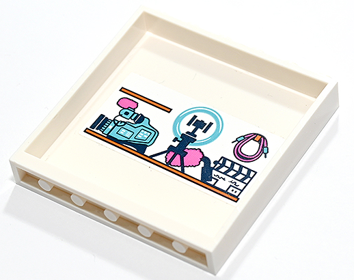 Panel 1 x 6 x 5 with Orange Shelves with Medium Azure Video Camera, Dark Blue Tripod, Clapperboard, Dark Pink Wires and Microphone Pattern (Sticker) - Set 41731