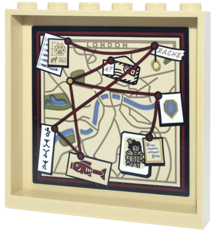 Panel 1 x 6 x 5 with Map, Dark Red String and Pins, White Notes and Pictures and Dark Tan 'LONDON' and 'RACHE'  Pattern (Sticker) - Set 10351
