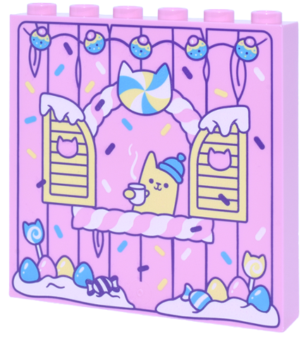 Panel 1 x 6 x 5 with Wall Panel with Dark Purple Lines, Window with Bright Light Yellow Shutters, Cat with Medium Azure Hat, Candy, Eggs and Ornaments Pattern