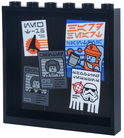 Panel 1 x 6 x 5 with Wanted Posters, Flyers, Han Solo, Leia, Stormtrooper, Aurebesh Characters 'NEW T-16' 'HARD HEART CANTINA' and 'SHOOTING LESSONS' Pattern (Sticker) - Set 75419