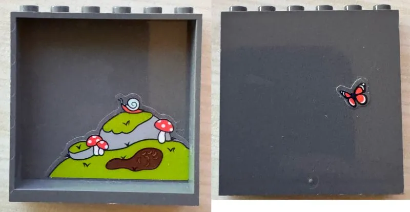 Panel 1 x 6 x 5 with Coral Butterfly on Outside and Light Bluish Gray Rocks, Lime Moss, Reddish Brown Mud Puddle with Paw Print, Coral and White Mushrooms / Toadstools and Snail with Light Aqua Shell on Inside Pattern (Stickers) - Set 41423