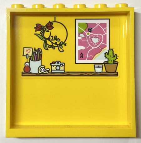 Panel 1 x 6 x 5 with Medium Nougat Shelf with Pencil Pot, Camera, Tape Dispenser, Candle, Potted Cactus, Heartlake City Wall Map and Hanging Red Flowers Pattern (Sticker) - Set 41704
