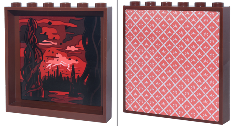 Panel 1 x 6 x 5 with Coral and White Wallpaper, Landscape with Black Vines, Red and Coral Sky and Clouds, Lightning on Inside Pattern (Stickers) - Set 11370