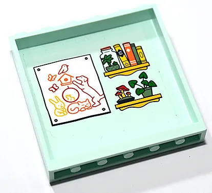 Panel 1 x 6 x 5 with Bright Light Orange Shelves with Books, Green Plants, Red Mushrooms, Glass Jar, and Drawing of Animals and Birdhouse Pattern (Sticker) - Set 41730