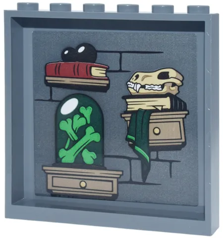 Panel 1 x 6 x 5 with Black Brick Wall, Dark Tan Shelves and Drawers with Books, Skull and Jar of Bright Green Bones Pattern (Sticker) - Set 76471