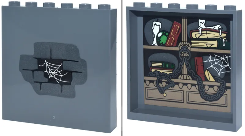 Panel 1 x 6 x 5 with Black Brick Wall and White Spider Web on Outside and Dark Tan Shelves and Drawers with Chain, Books and Candles on Inside Pattern (Stickers) - Set 76471
