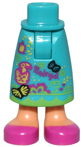 Mini Doll Hips and Skirt Long with Molded Nougat Legs and Printed Magenta and Yellow Flowers, Animals, 'MadRigal' and Shoes Pattern - Thick Hinge