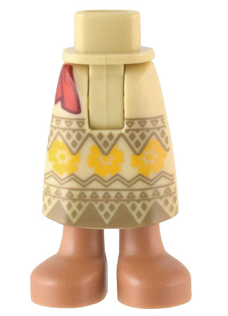 Mini Doll Hips and Skirt Long with Molded Medium Nougat Legs and Printed Dark Tan Panels and Triangles, Bright Light Orange Flowers and Red Sash Ends Pattern - Thick Hinge