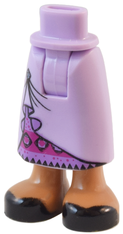 Mini Doll Hips and Skirt Long with Molded Medium Nougat Legs and Printed Black Shoes and Pinned Up Seams with Brooch over Magenta and Medium Lavender Stripes with Diamonds and Triangles Pattern - Thick Hinge