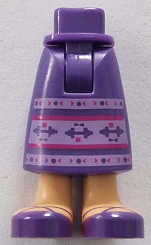 Mini Doll Hips and Skirt Long with Molded Medium Tan Legs and Printed Dark Purple Sandals, Medium Lavender and Magenta Stripes, Dots, Arrows, Squares and Barbells Pattern - Thick Hinge