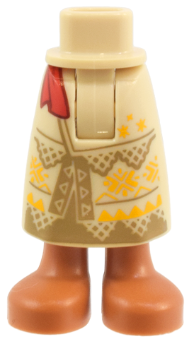 Mini Doll Hips and Skirt Long with Molded Sienna Legs and Feet and Printed Dark Tan Panels and Triangles, Slit in Front, Bright Light Orange Geometric Design, Red Sash Ends Pattern - Thick Hinge