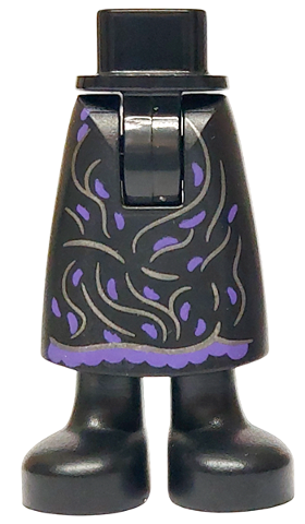 Mini Doll Hips and Skirt Long with Molded Black Legs and Printed Dark Purple Hem and Spots, Dark Silver Wavy Lines Pattern - Thick Hinge
