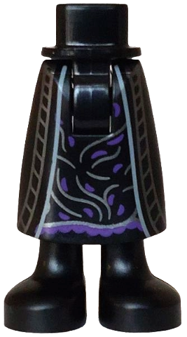 Mini Doll Hips and Skirt Long with Molded Black Legs and Printed Dark Purple Dress Hem and Spots, Silver Wavy Lines and Striped Coat Ends Pattern - Thick Hinge